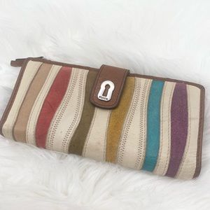 FOSSIL Striped Leather & Suede Snap & Zip WALLET